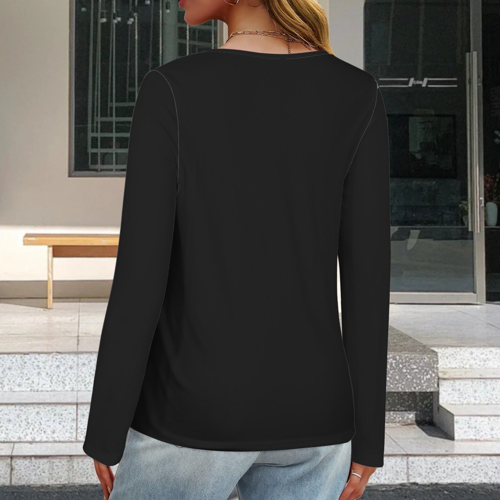 V Neck Long Sleeve Pullover Top Black