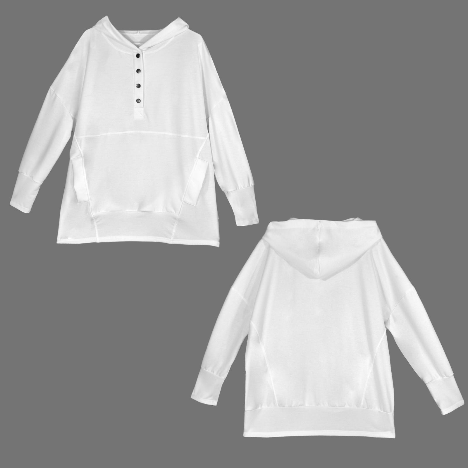 Button V Neck Pocket Hoodies White