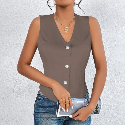 V-Neck Sleeveless Button Pocket Vest Mocha