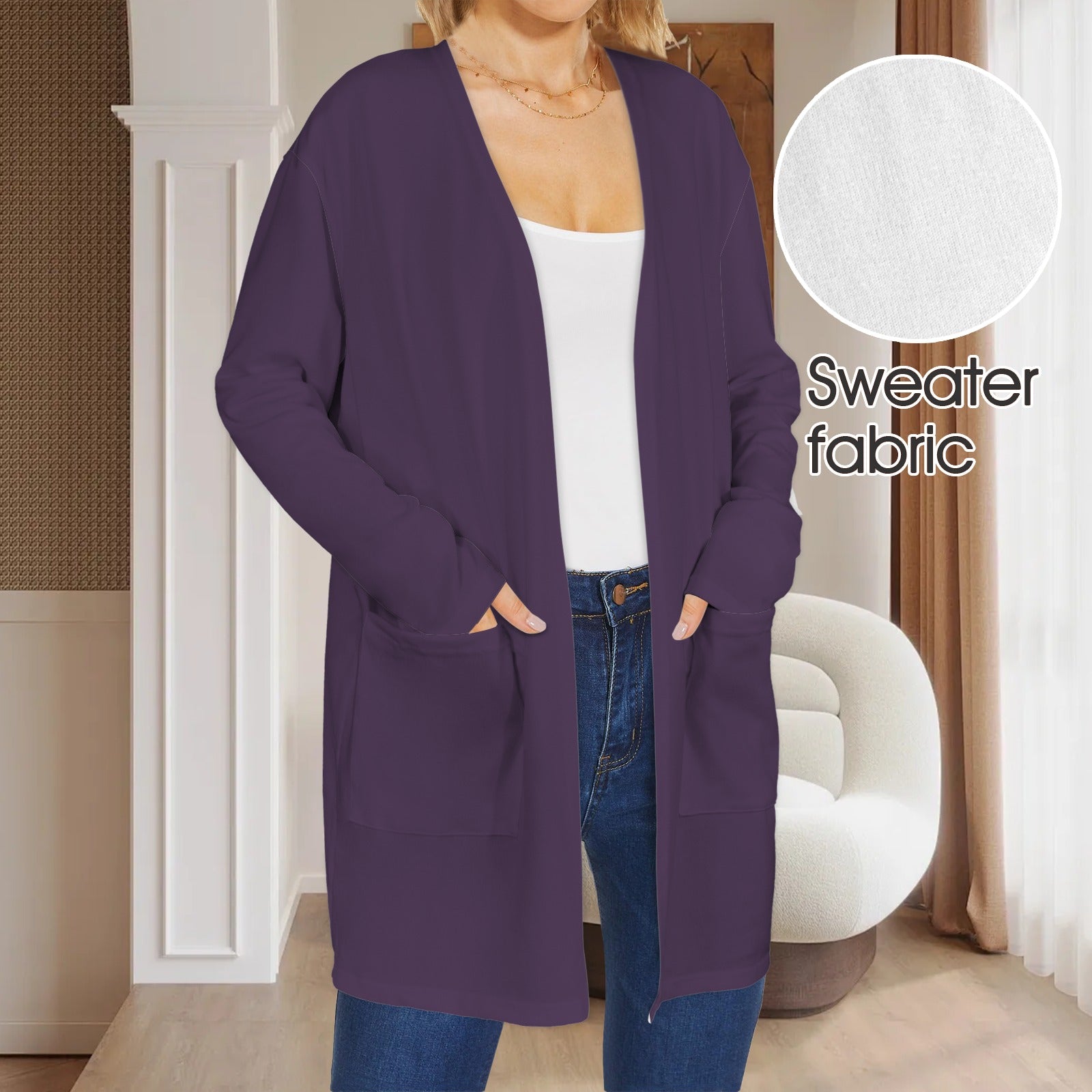 Long Sleeve Pocket Cardigan Plum