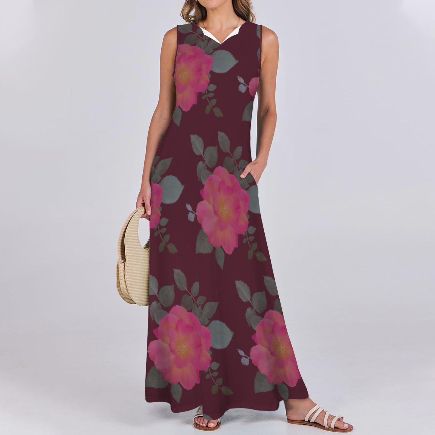 Sleeveless Maxi Dress Roses Dark Berry