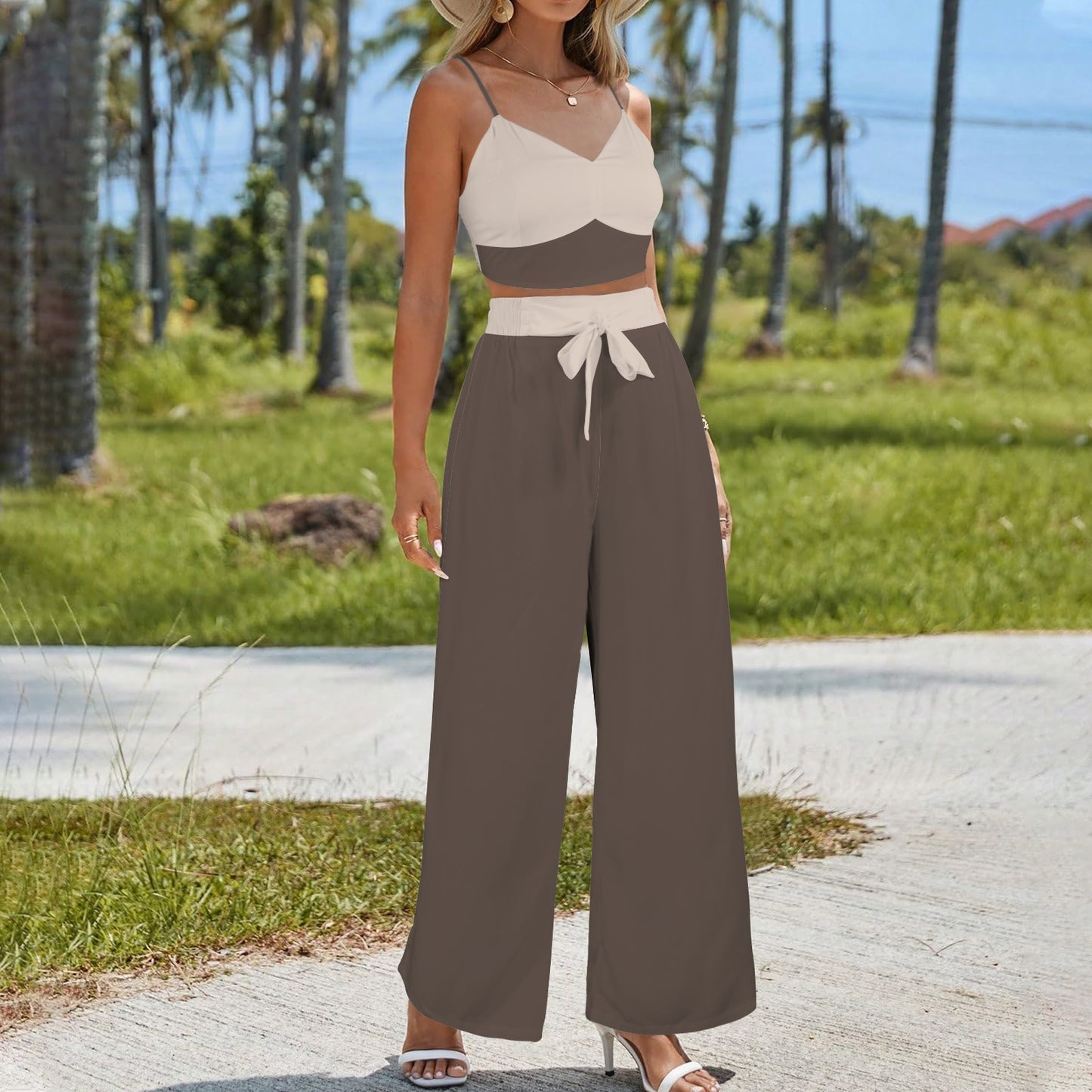 Taupe Beige Two Piece Cami Pant Set