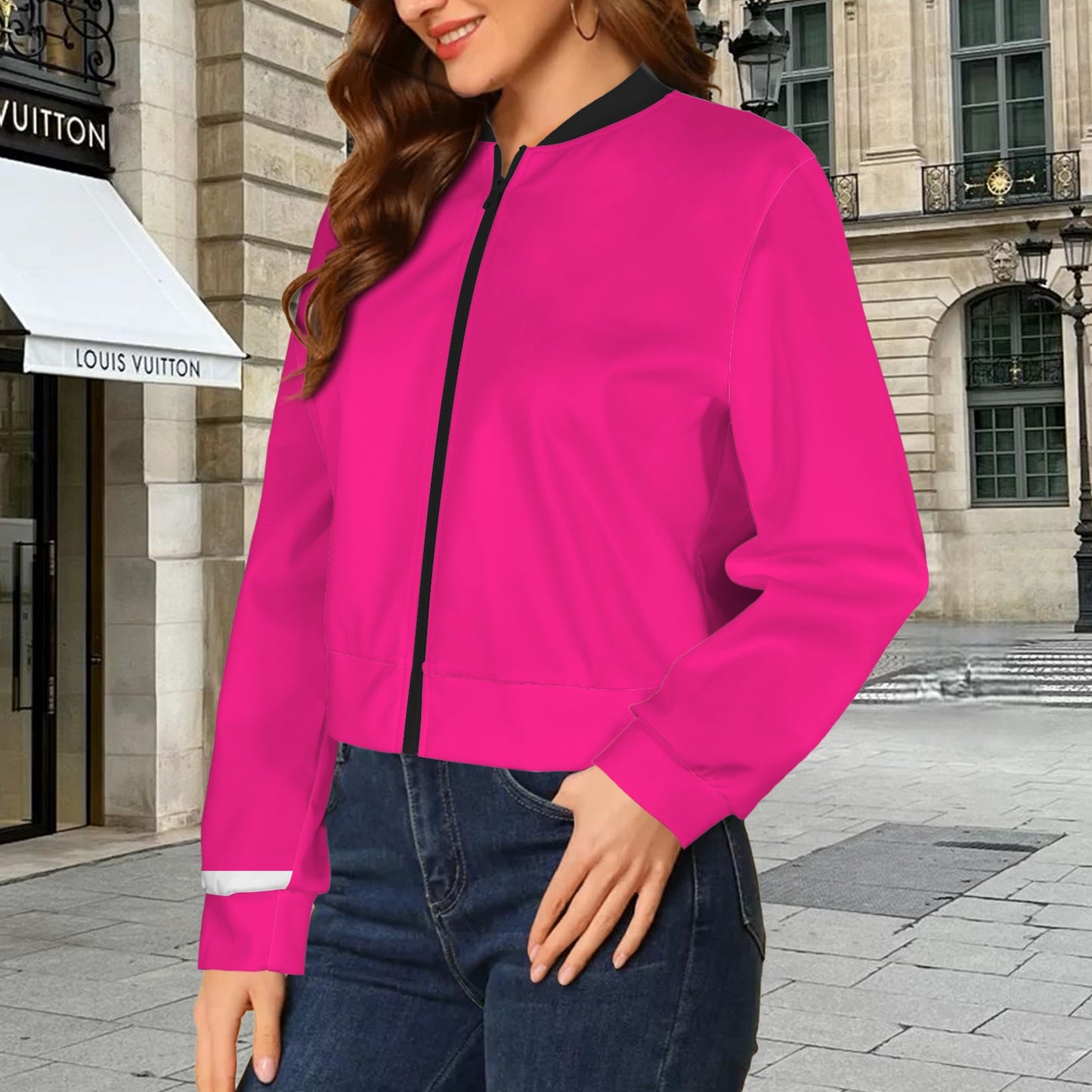 Casual Long Sleeve Zip Front Bomber Jacket Magenta Black