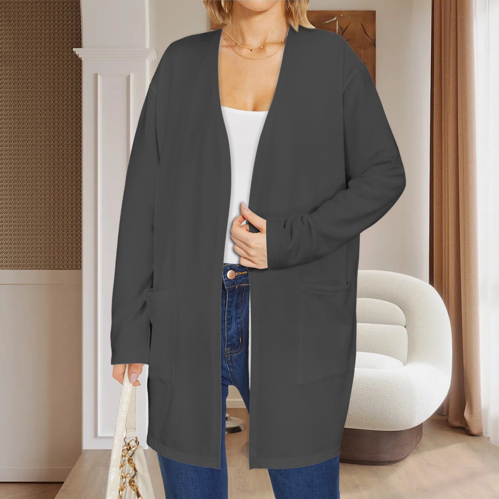 Long Sleeve Pocket Cardigan Dark Grey