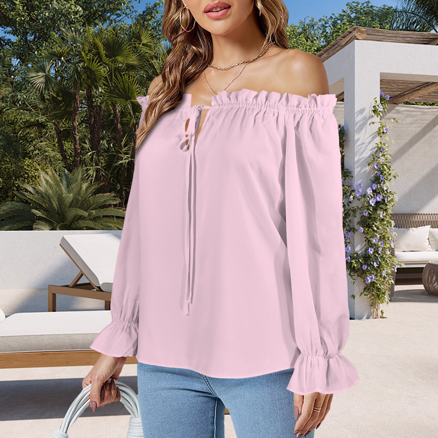 Off Shoulder Lantern Sleeve Ruffle Trim Blouse Pink