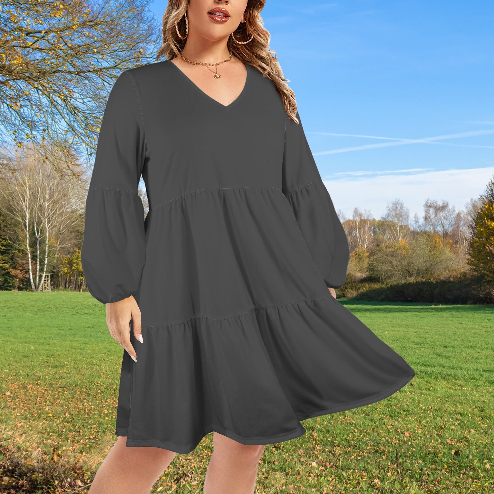 Dark Grey Tiered Dress with V-Neck & Full Sleeves