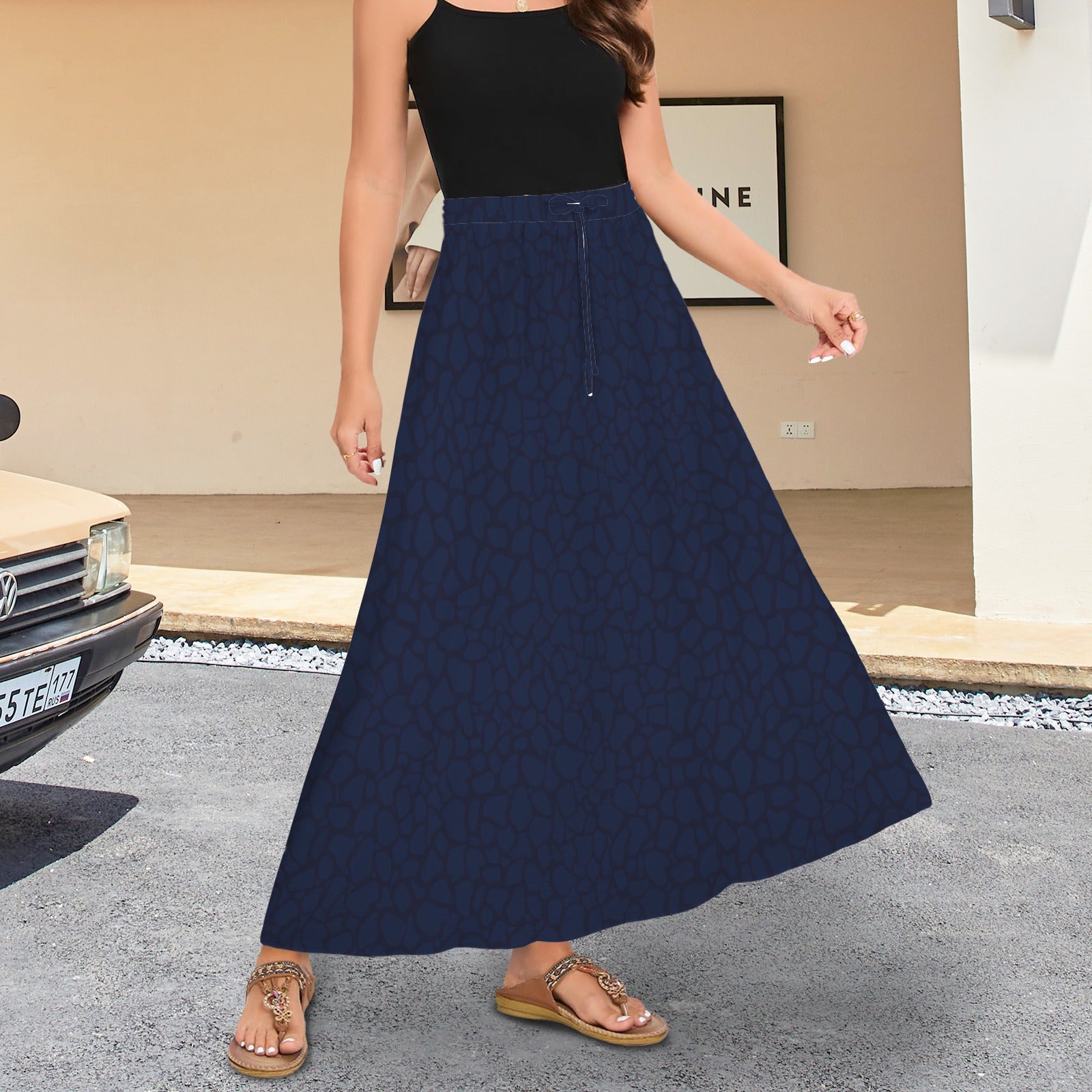 Drawstring Pocket Maxi Skirt Dark Blue Petal Print