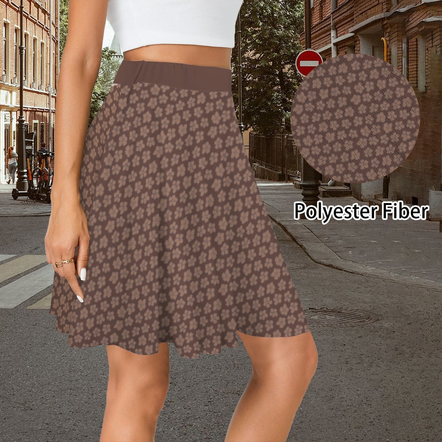 Elastic Waist Casual Flared Mini Skirt Brown Flower Print