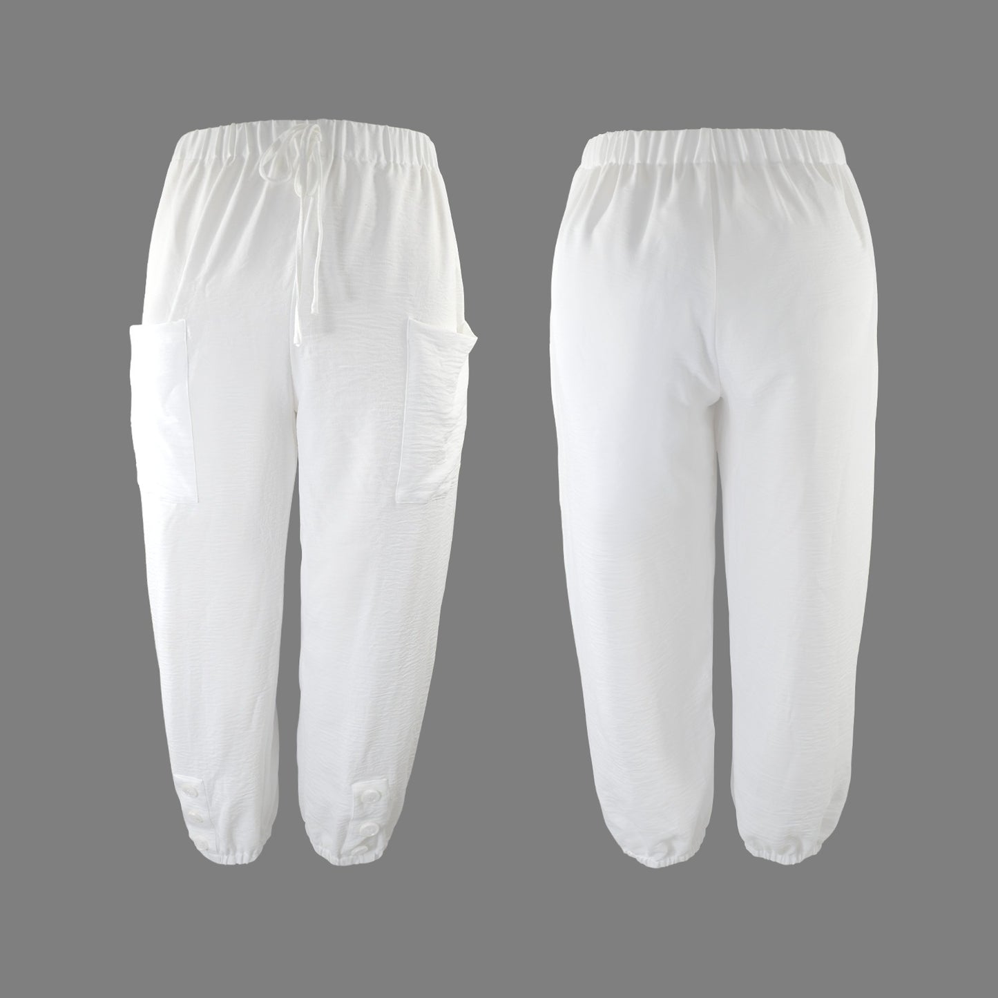 Loose Pocket Gathered Button Ankle Pants White