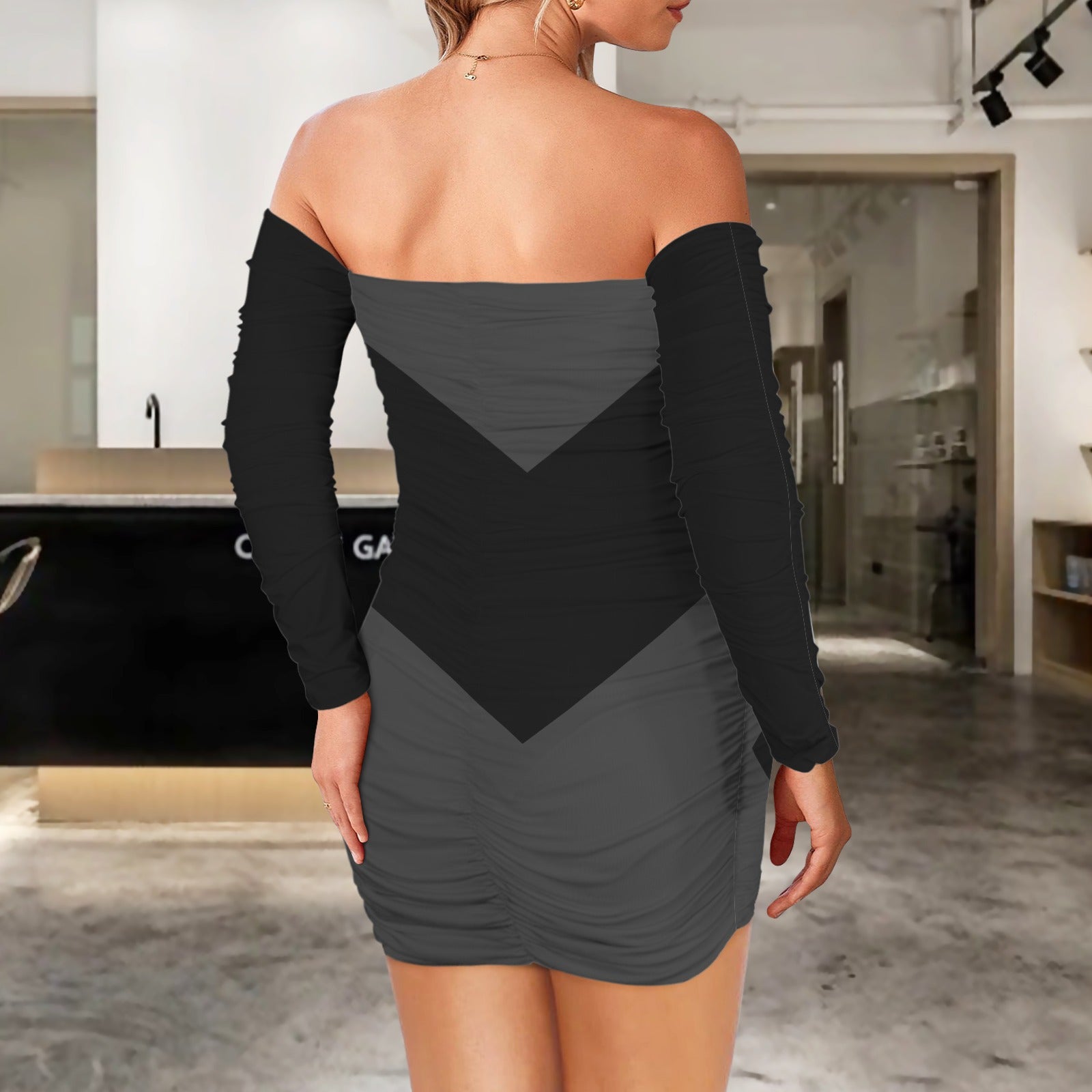 Off Shoulder Long Sleeve Pleated Bodycon Dress Geo Black Grey Geo Diamond