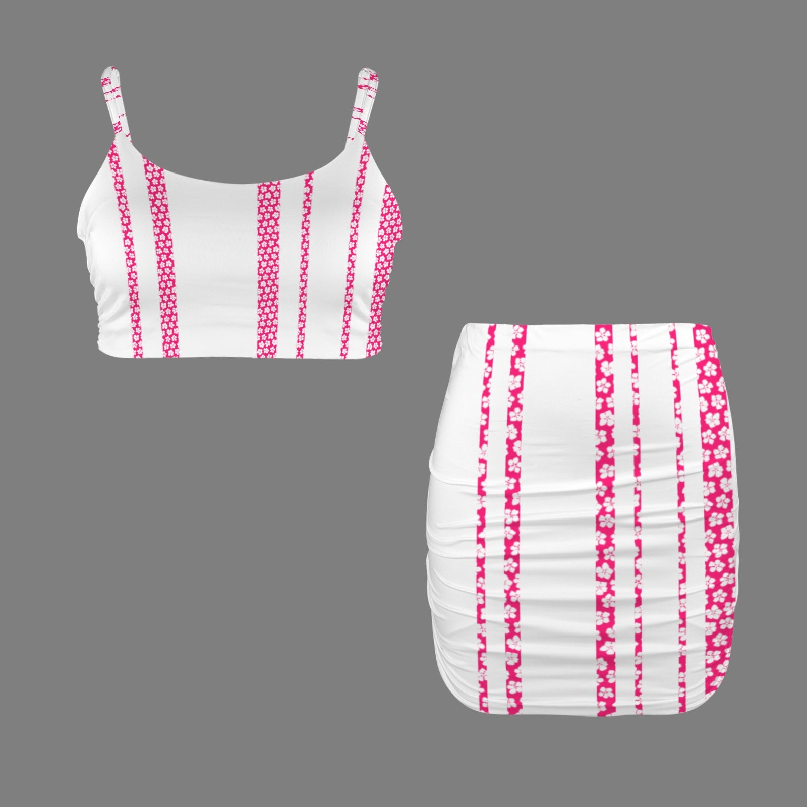 White Magenta Floral Stripes Cami Top & Ruched Bodycon Skirt