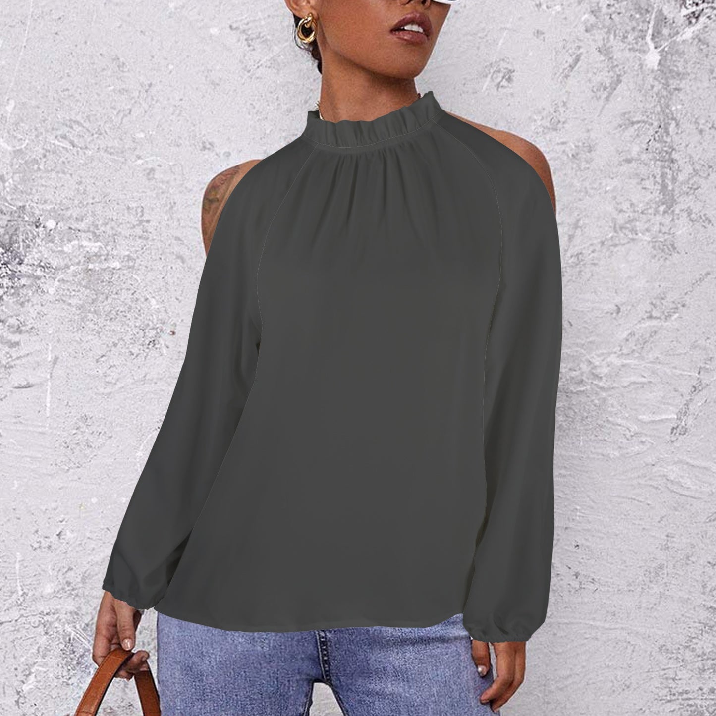 Lotus Leaf Round Neck Long Sleeve Pleated Off Shoulder Blouse Dark Grey