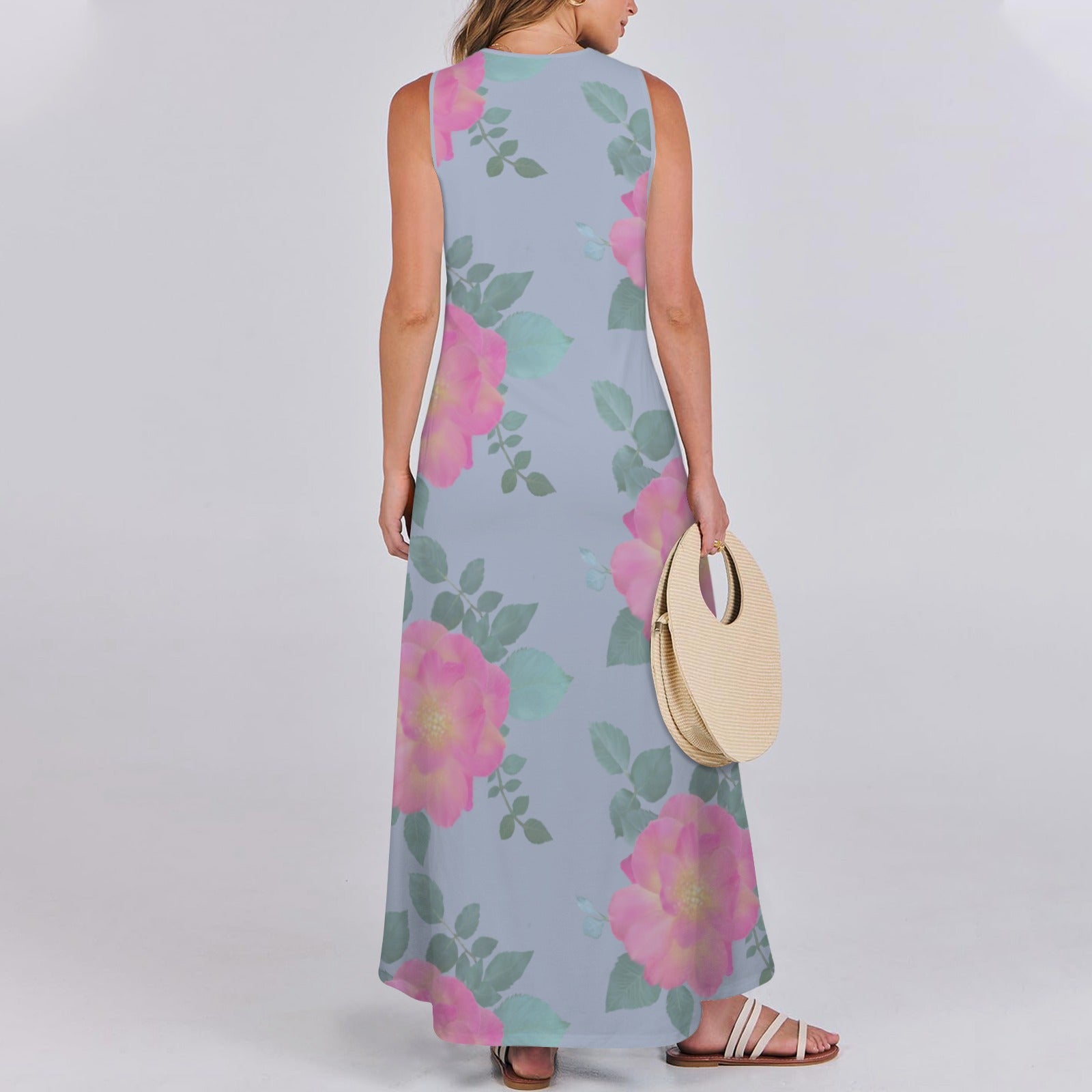 Sleeveless Maxi Dress Roses Cloud Blue