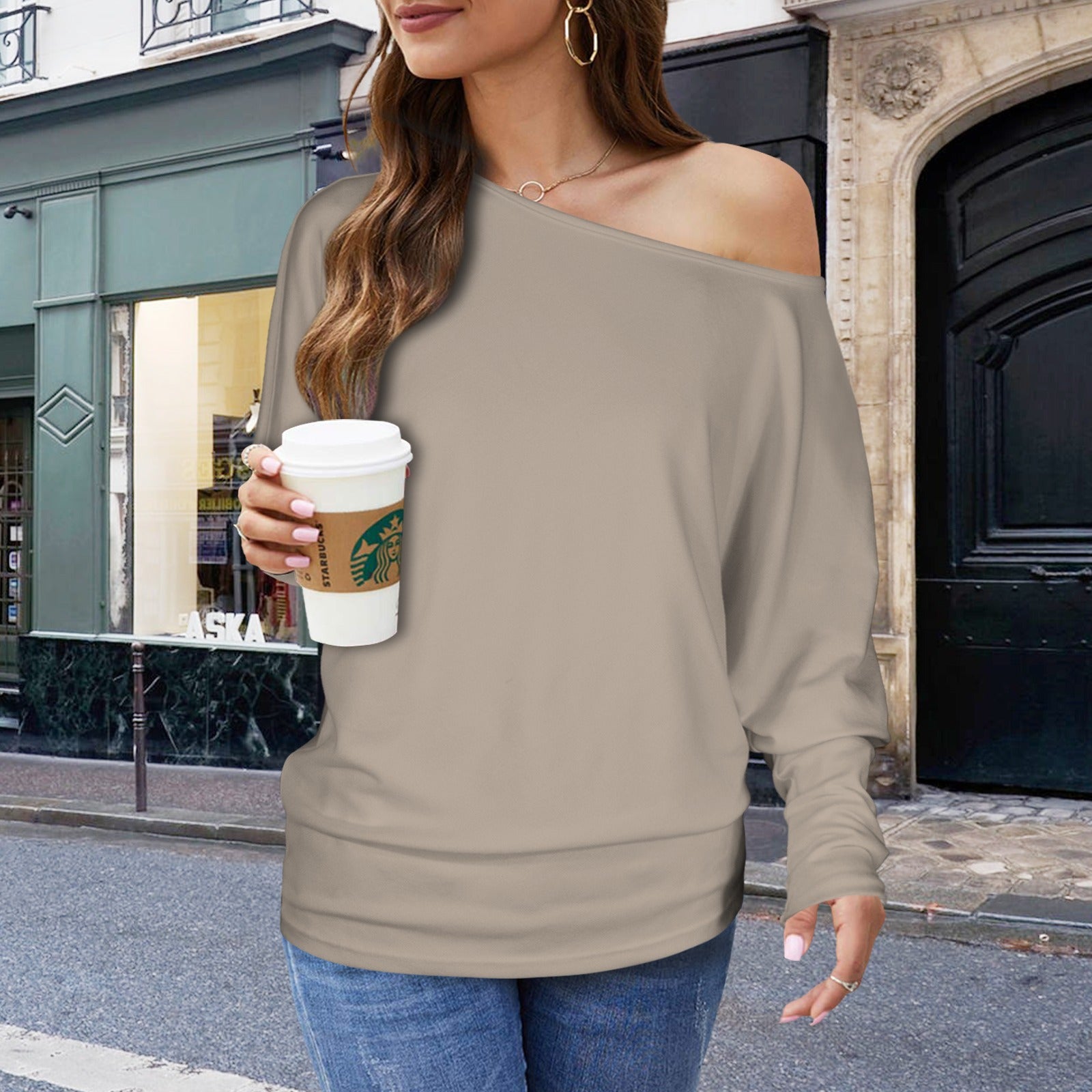 Casual Long Batwing Sleeve Off Shoulder Sweater Top Light Mocha