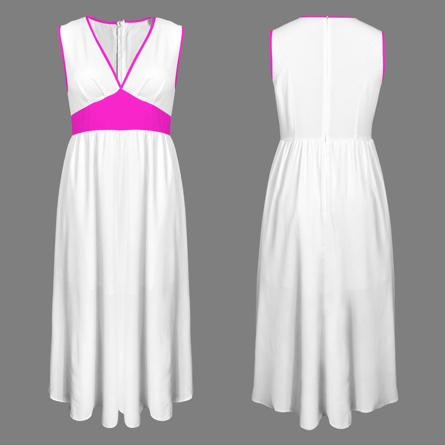 Deep V-Neck Sleeveless Hight Waisted Maxi Dress Fuchsia White