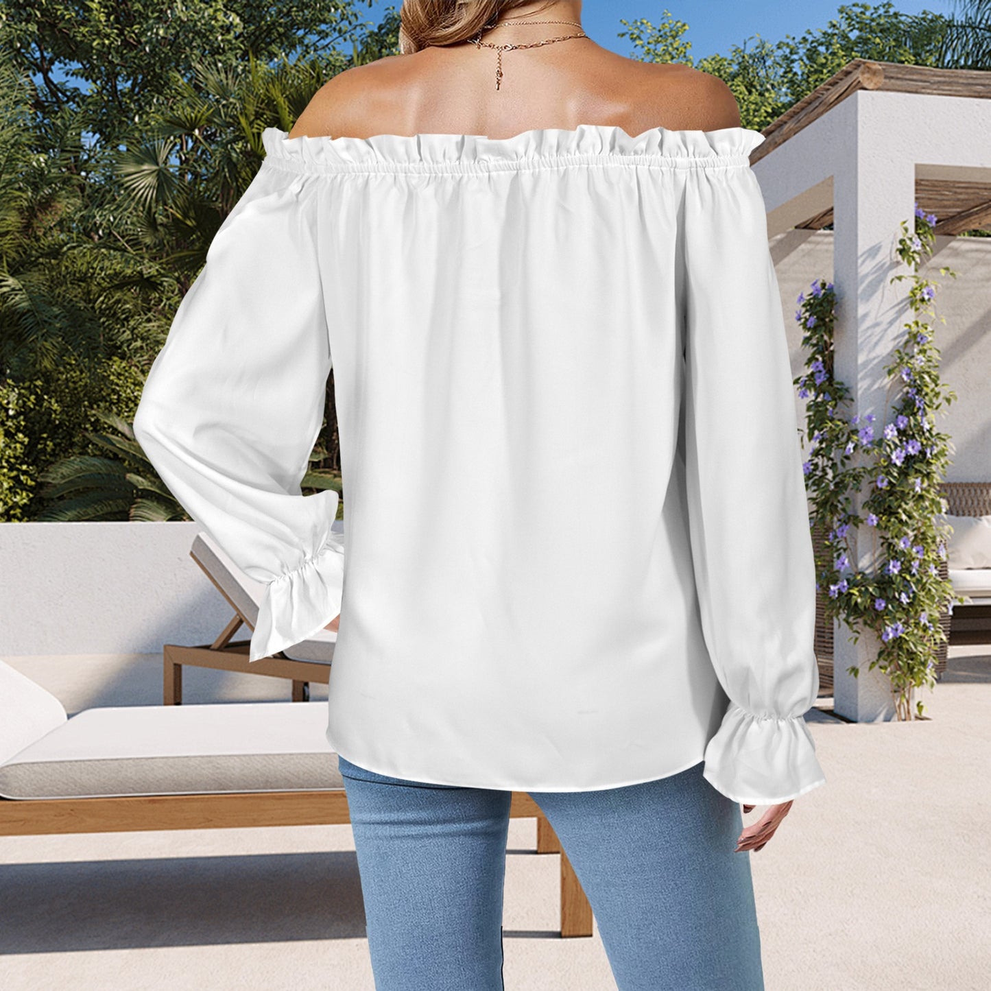 Off Shoulder Lantern Sleeve Ruffle Trim Blouse White