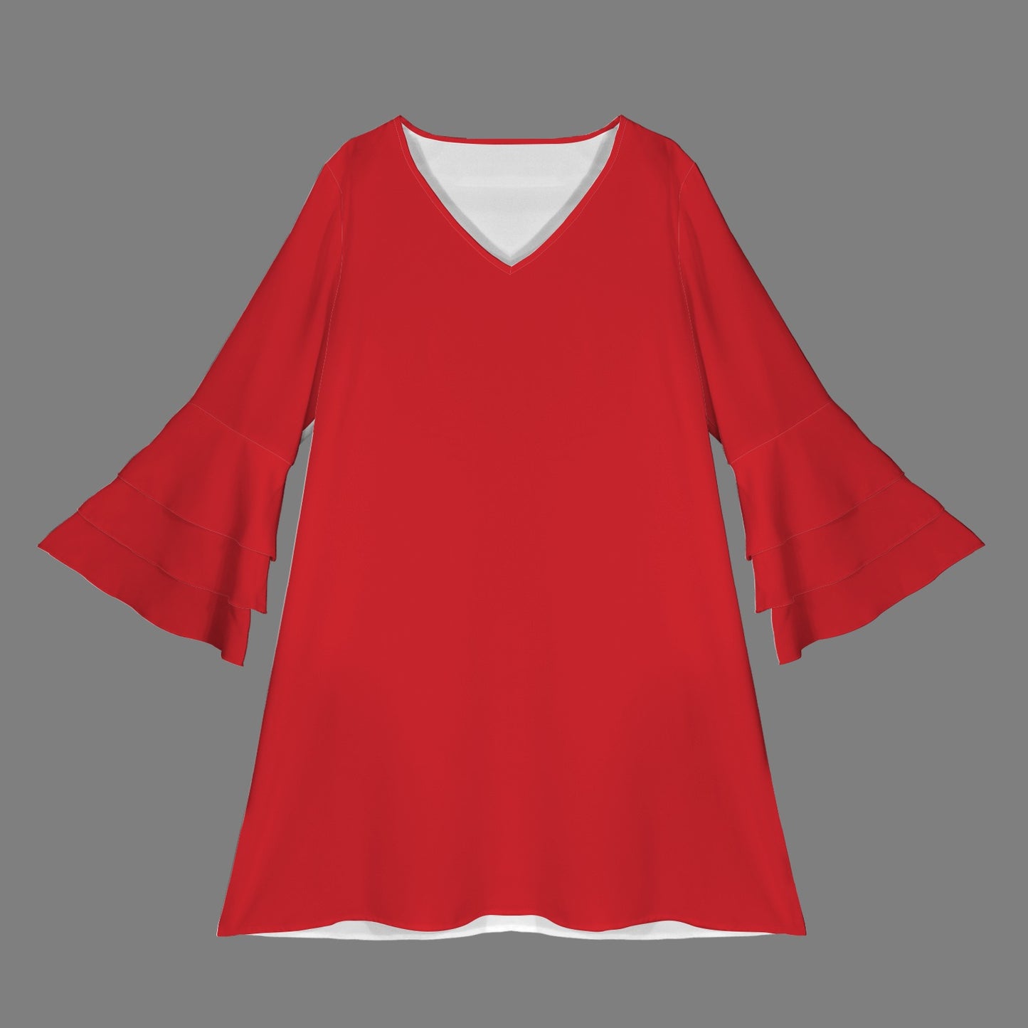 Red V Neck Layered Flared Sleeve Dress