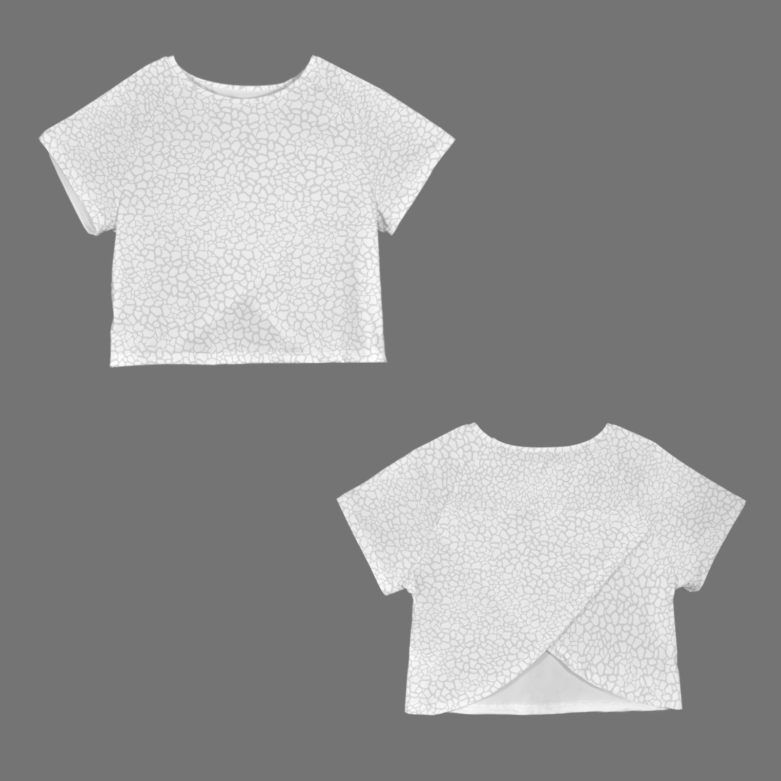 Crop Split Back Sports Tops White Grey Abstract Petal Print