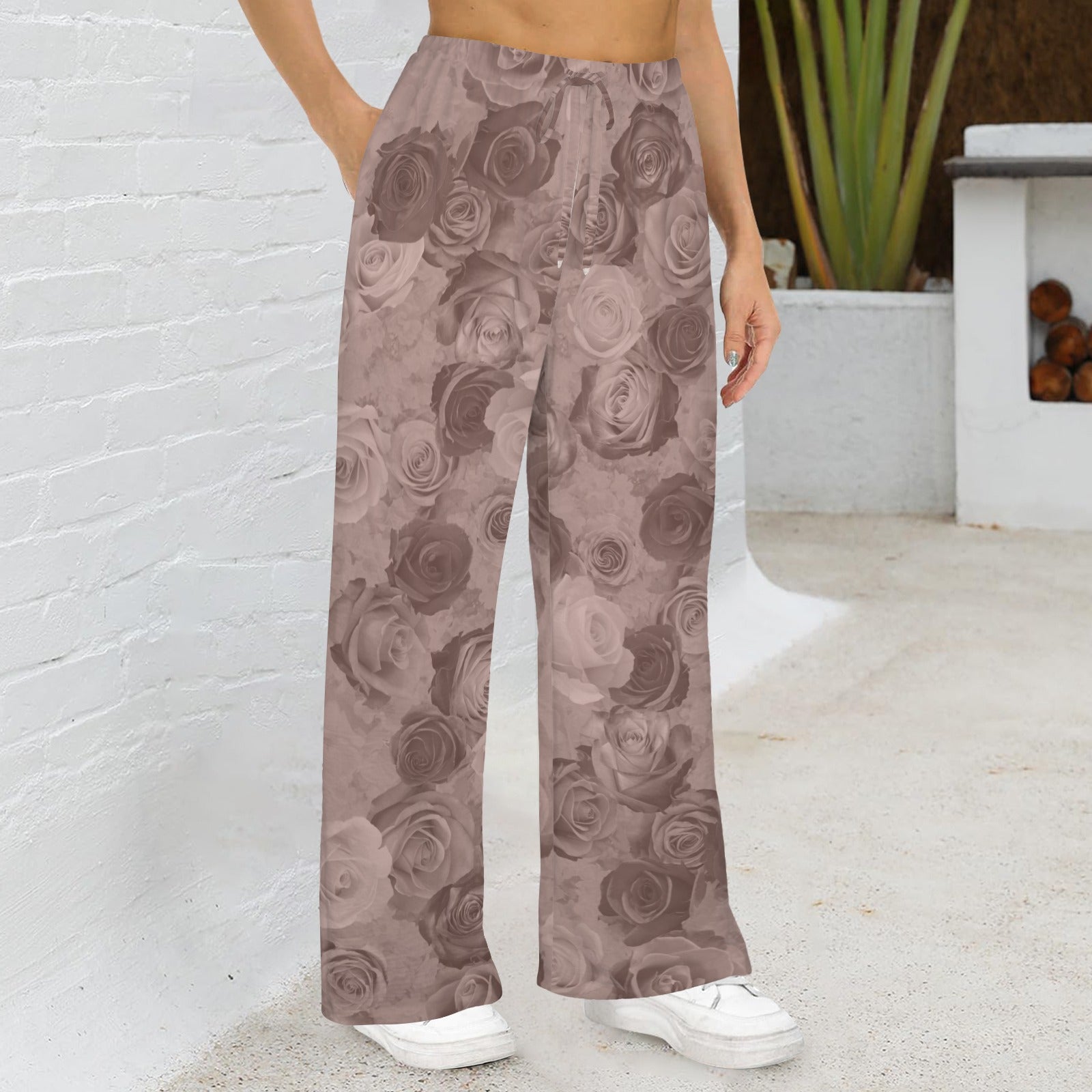 Bold Roses Mauve Grey Wide Leg Pants with Pockets