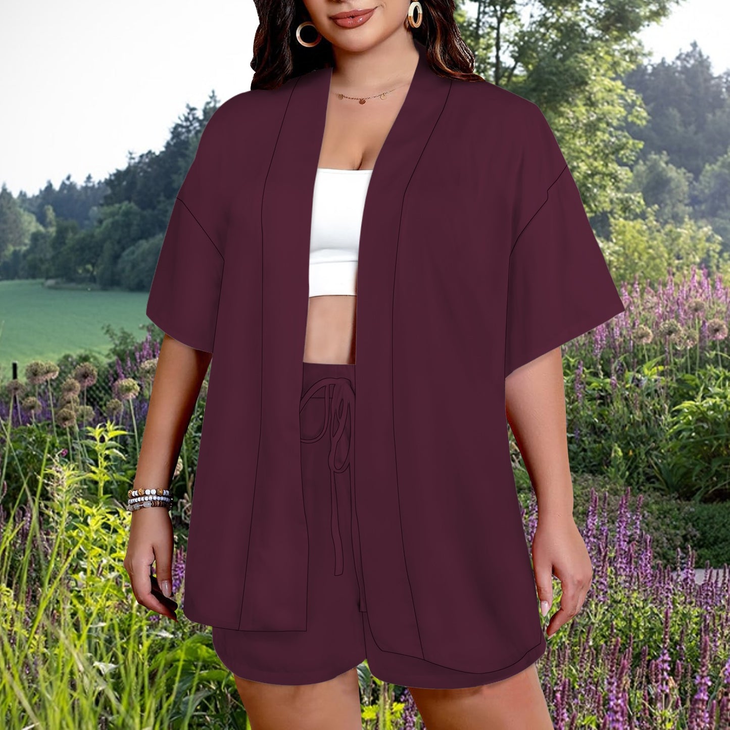 Open Front Lightweight Cardigan Top & Drawstring Waist Shorts Set Blackberry