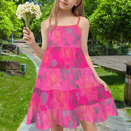 Spaghetti Strap Tiered Girls Dress Roses Magenta Pink