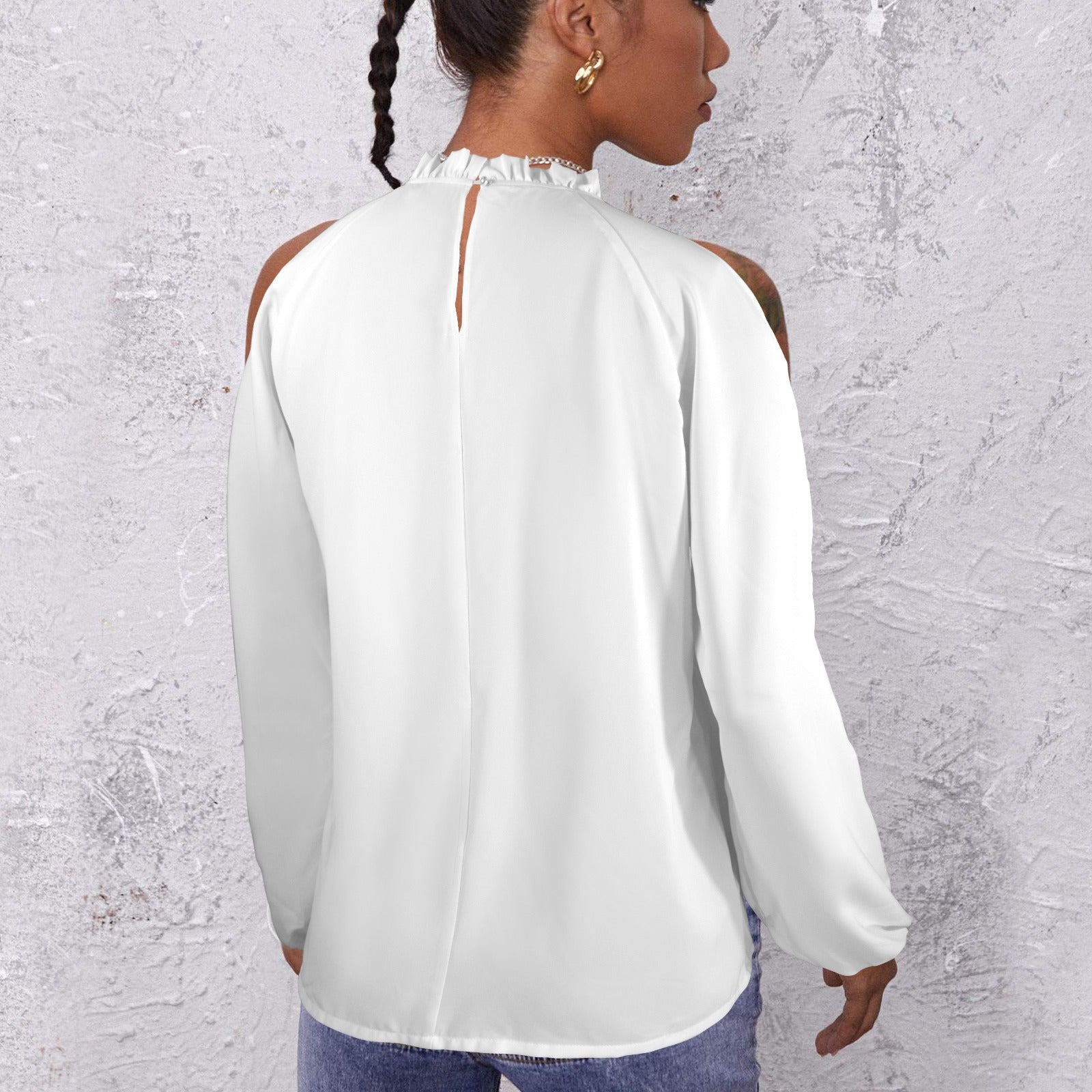 Lotus Leaf Round Neck Long Sleeve Pleated Off Shoulder Blouse White