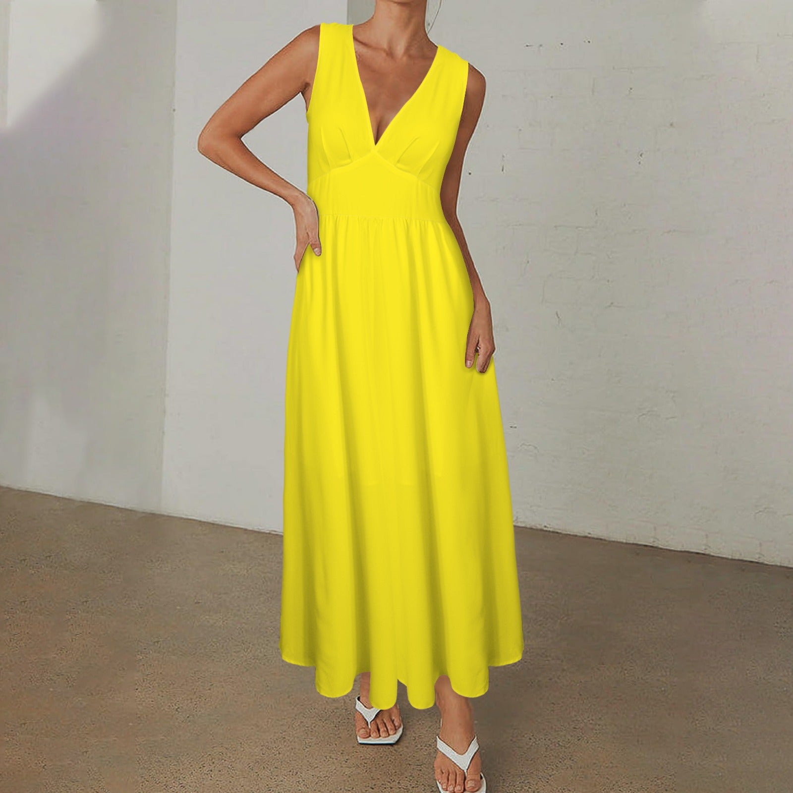 Deep V-Neck Sleeveless Hight Waisted Maxi Dress Sun Yellow