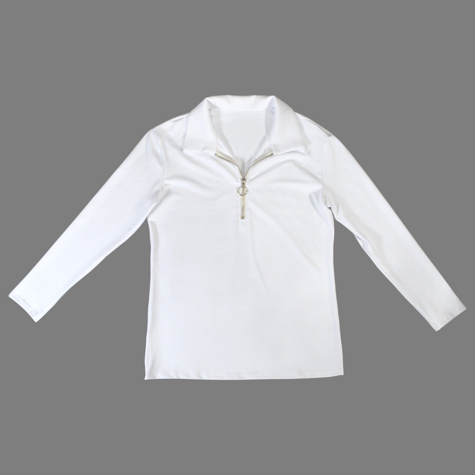 Lapel Half Zip Long Sleeve T-Shirt White