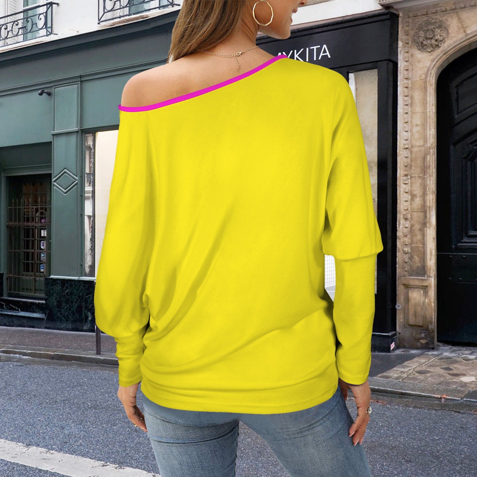 Casual Long Batwing Sleeve Off Shoulder Sweater Top Yellow Fuchsia