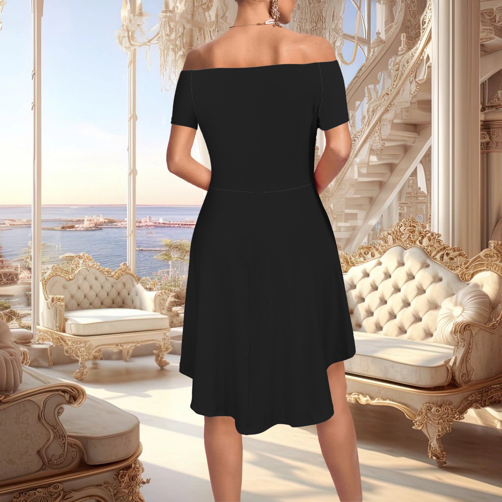 Elegant Off Shoulder High Low Hem Party Dress Black