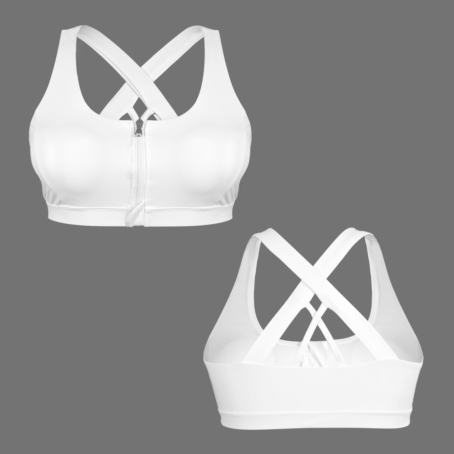 Zipper Front Cross Back Sports Bra White