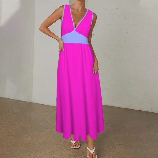 Deep V-Neck Sleeveless Hight Waisted Maxi Dress Fuchsia Periwinkle