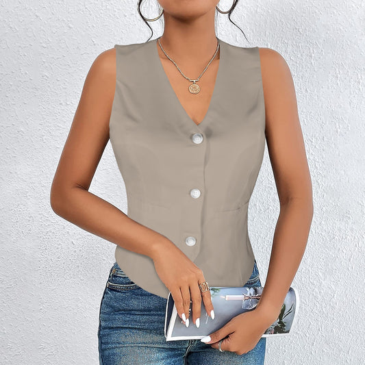 V-Neck Sleeveless Button Pocket Vest Light Mocha