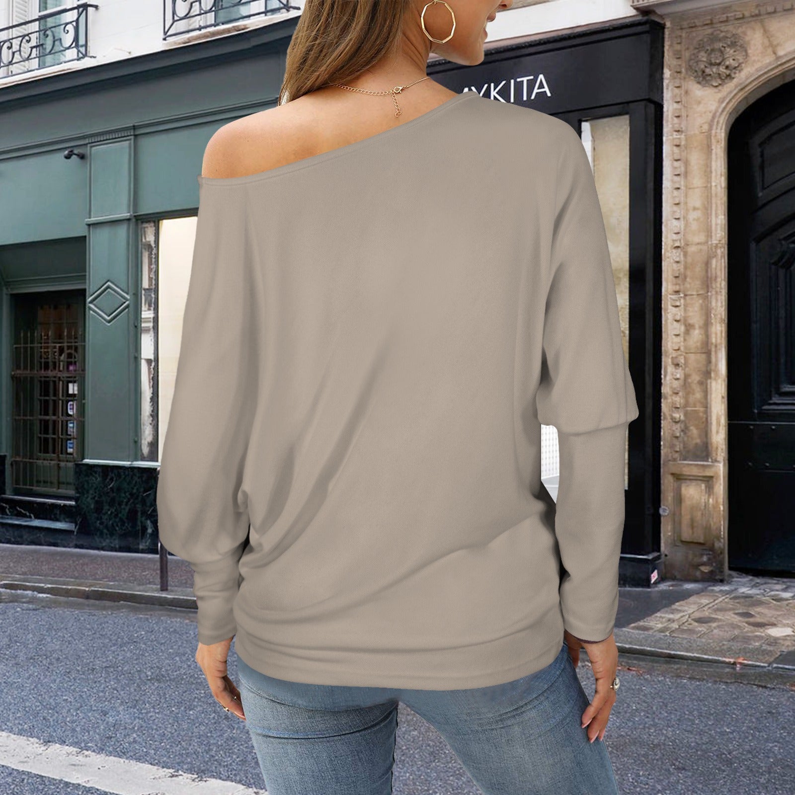 Casual Long Batwing Sleeve Off Shoulder Sweater Top Light Mocha