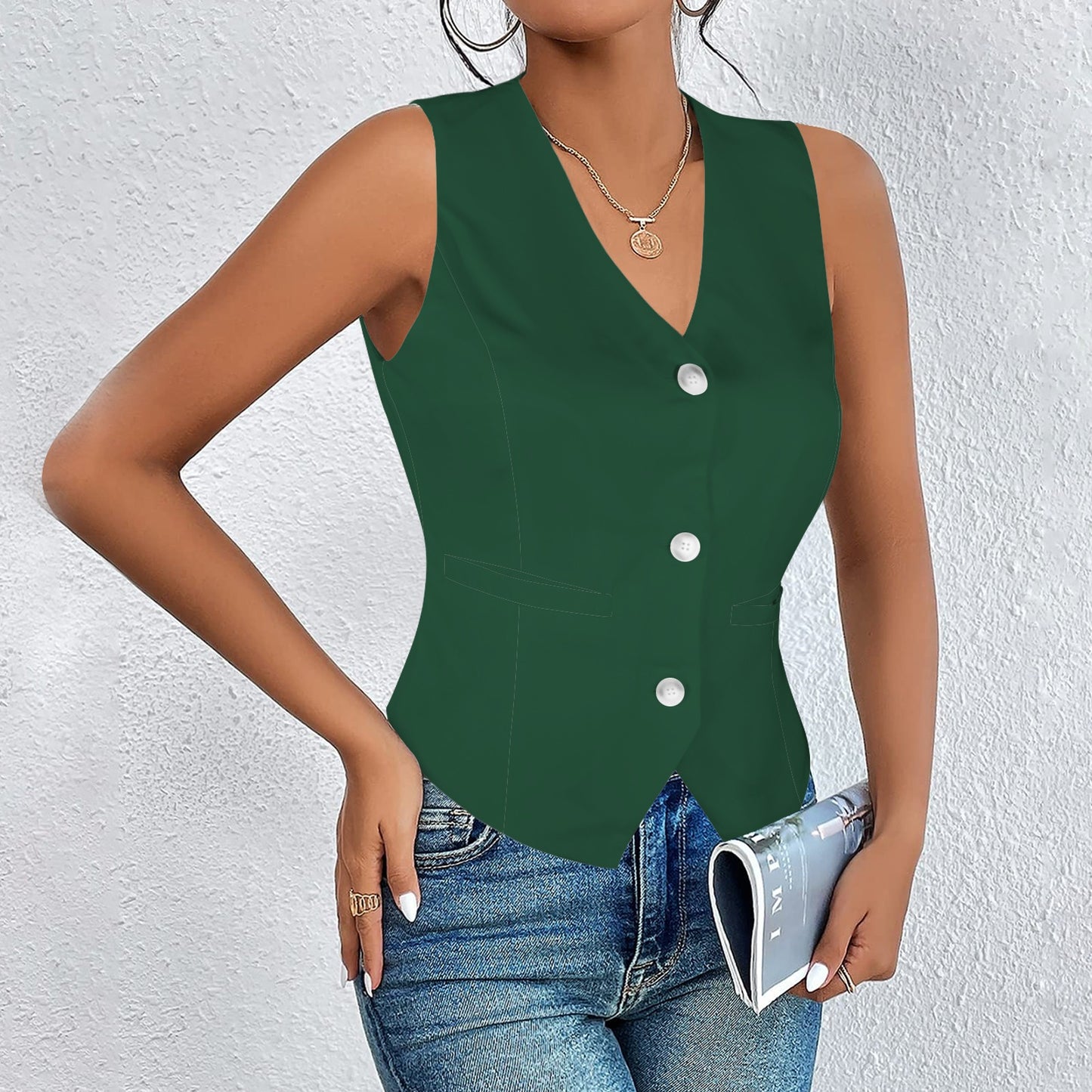 V-Neck Sleeveless Button Pocket Vest Forest