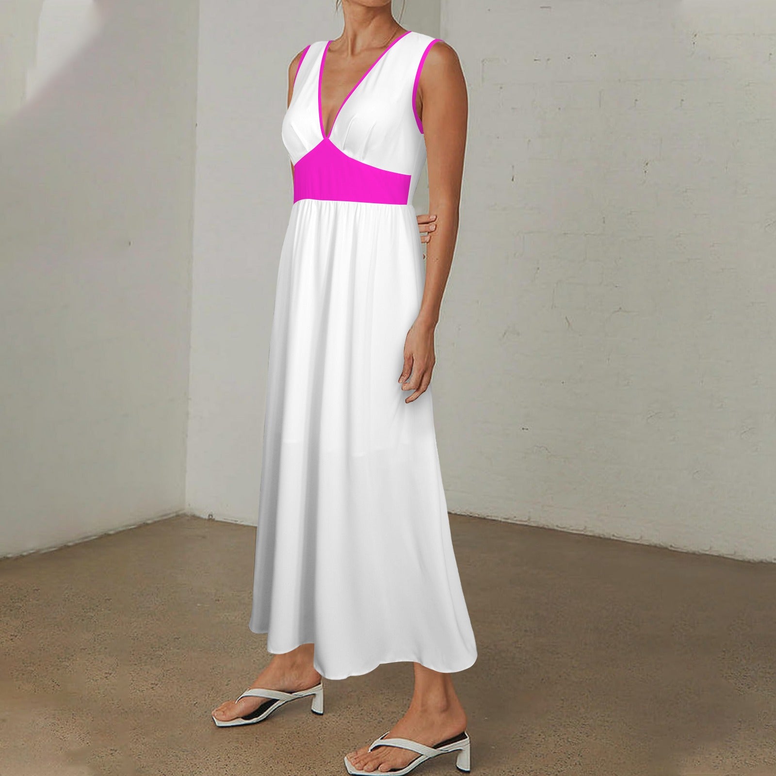 Deep V-Neck Sleeveless Hight Waisted Maxi Dress Fuchsia White