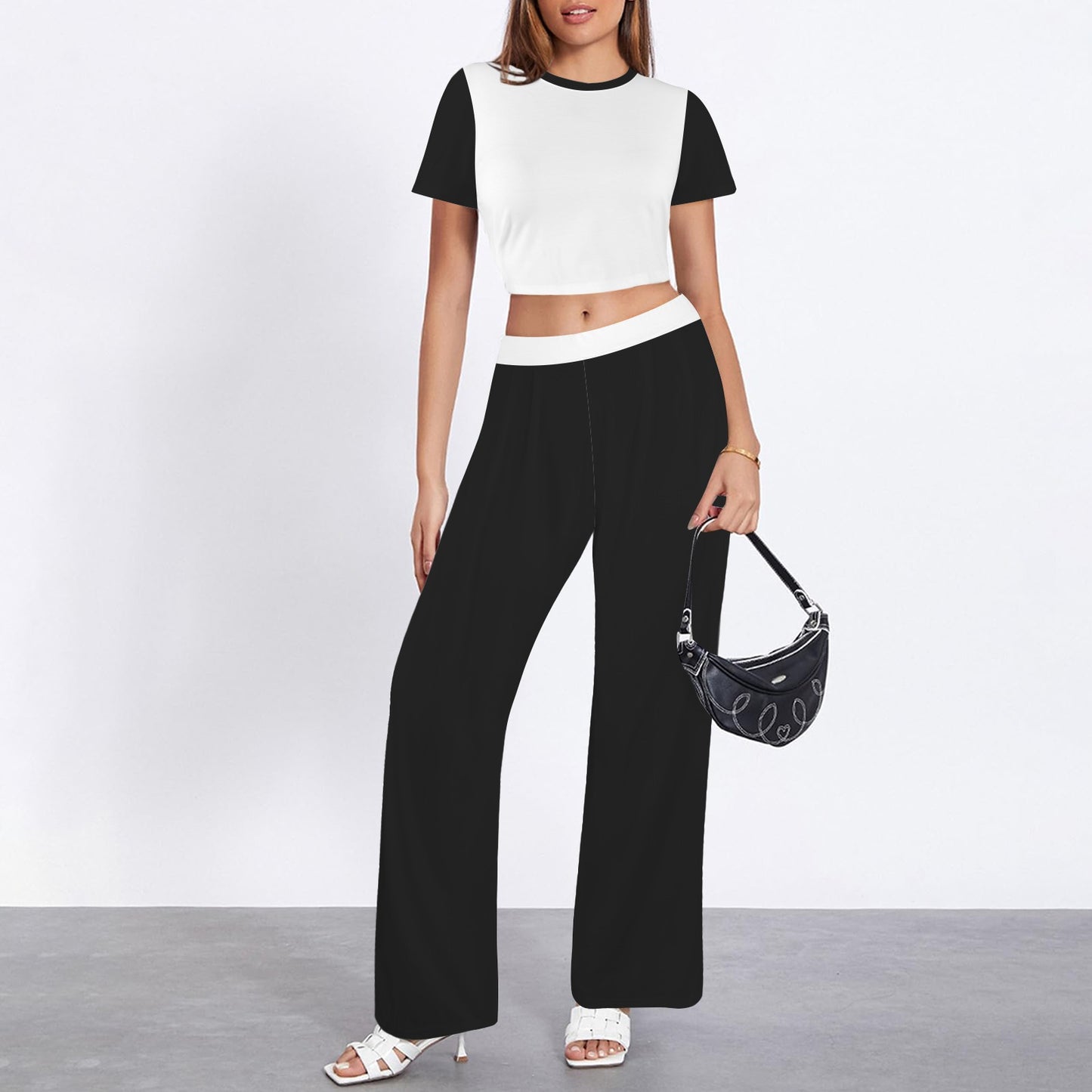 Crew Neck Short Sleeve Crop Top & Wide Leg Pants Set BW