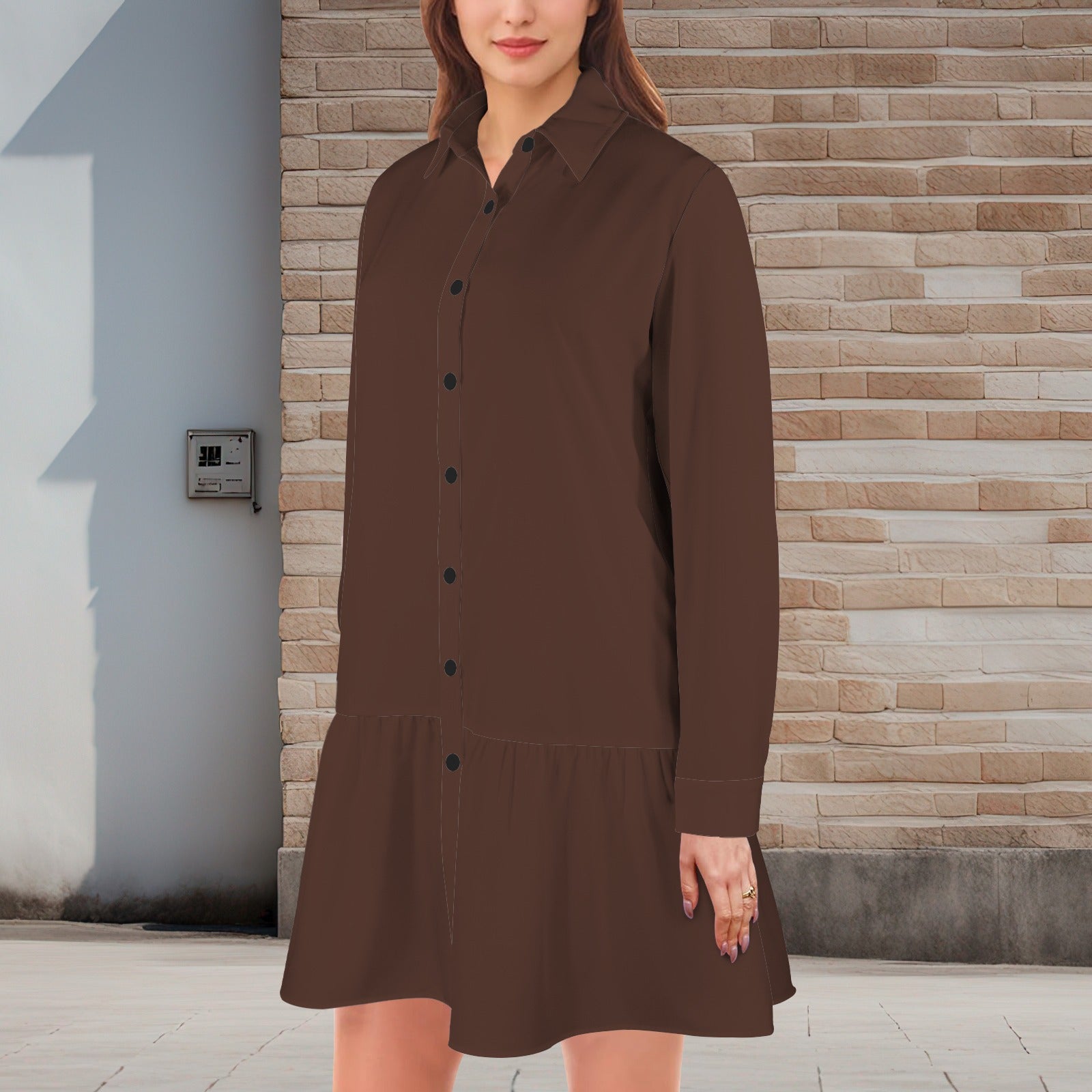 Chocolate Lapel Button Long Sleeve Pleated Shirt Dress