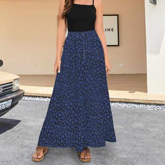 Drawstring Pocket Maxi Skirt Blue Black Petal Print