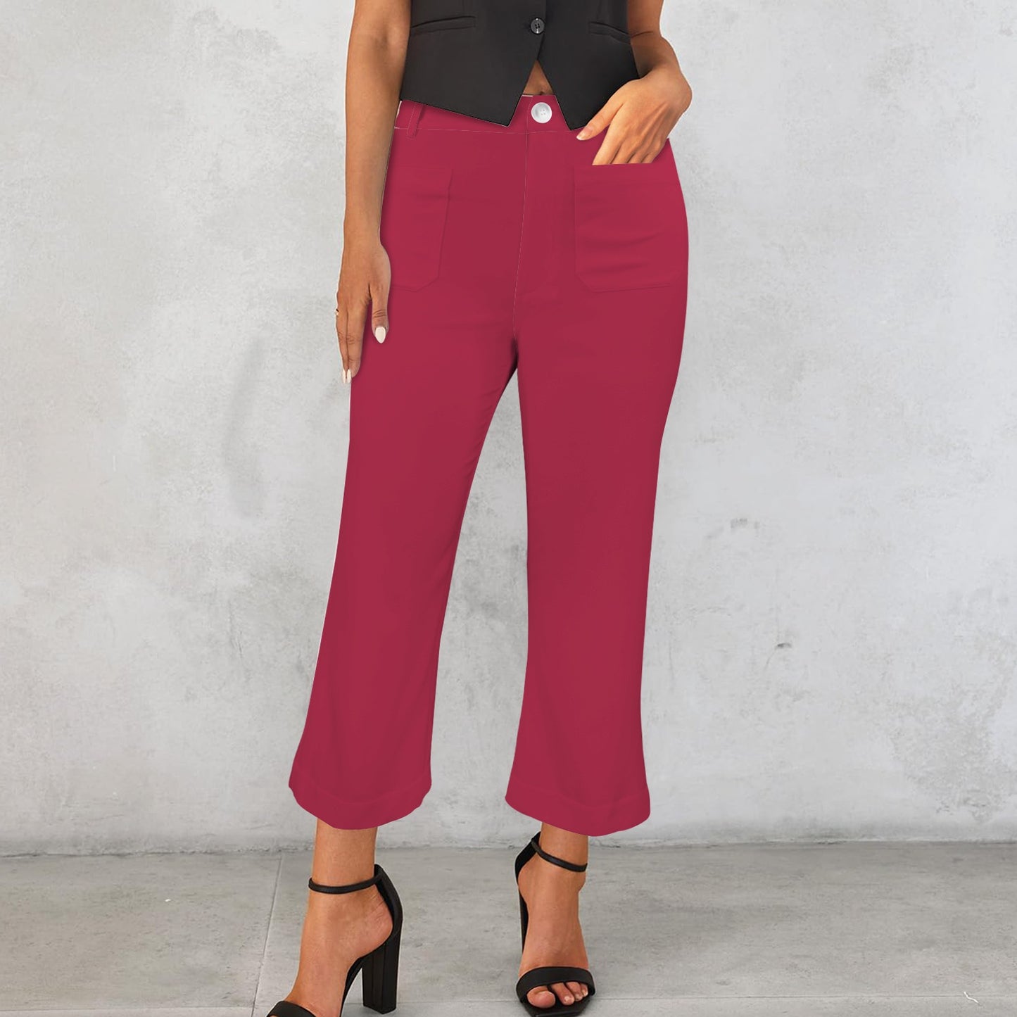 High Waist Pocket Flared Cropped Pants Red