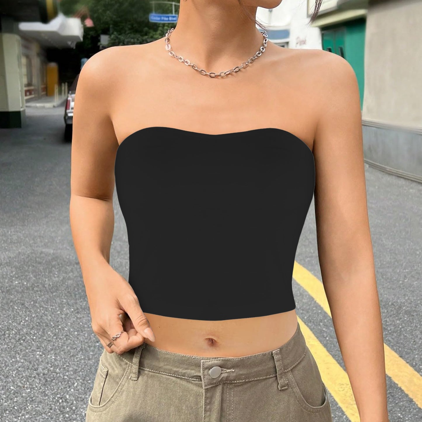 Black Basic Backless Tube Crop Top