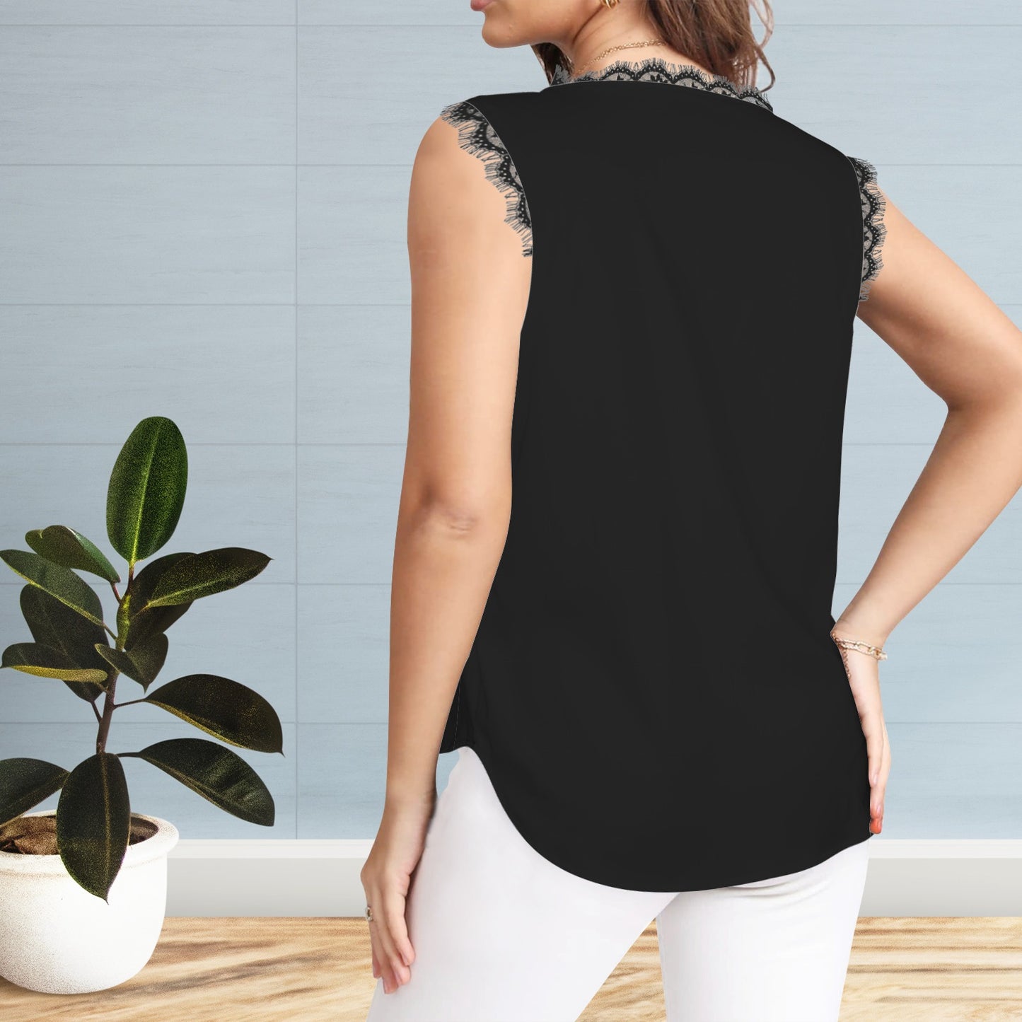 V-Neck Black Lace Trim Tank Top Black