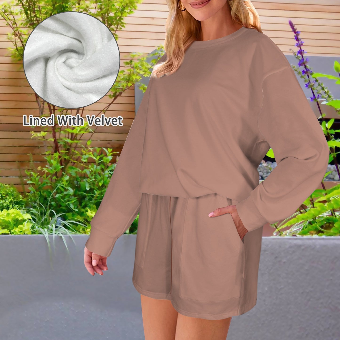 Copper Rose Long Sleeve Fleece Sweatshirt & Drawstring Shorts Set