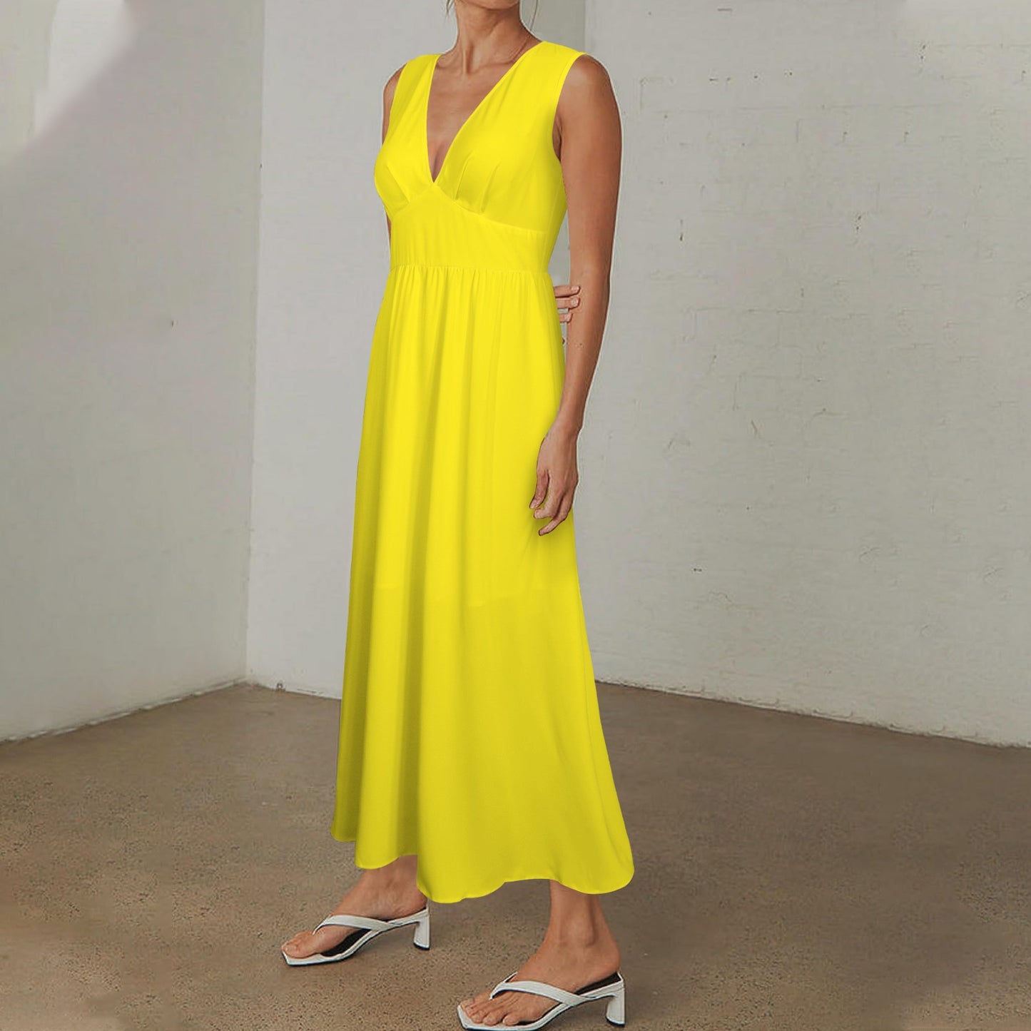 Deep V-Neck Sleeveless Hight Waisted Maxi Dress Sun Yellow