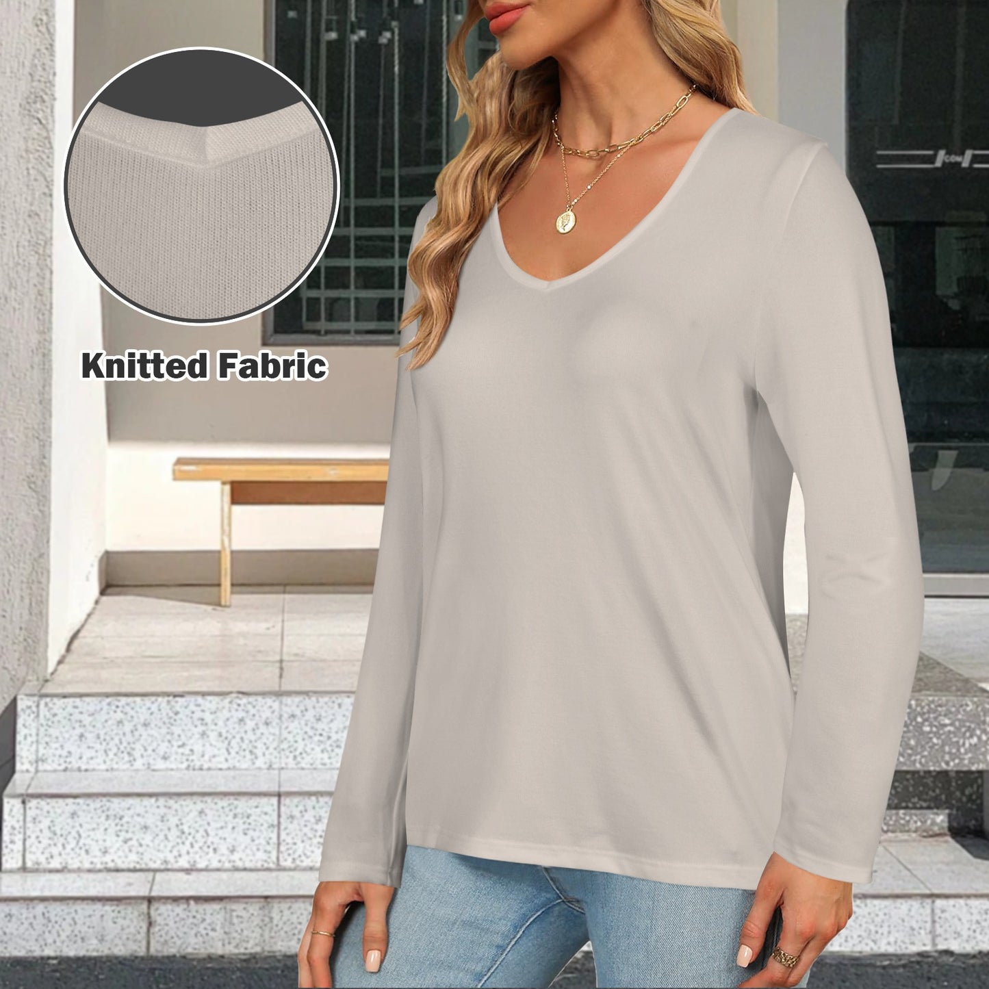 V Neck Long Sleeve Pullover Top Light Beige