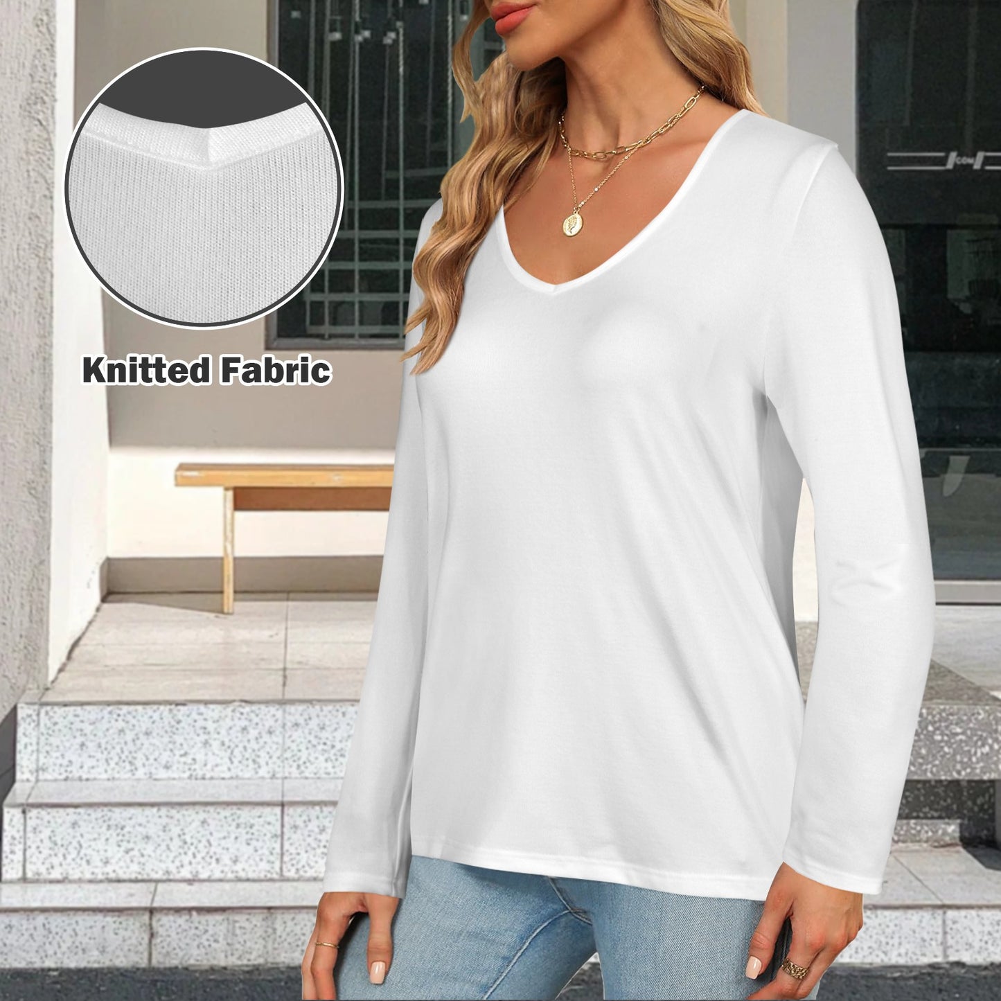 V Neck Long Sleeve Pullover Top White