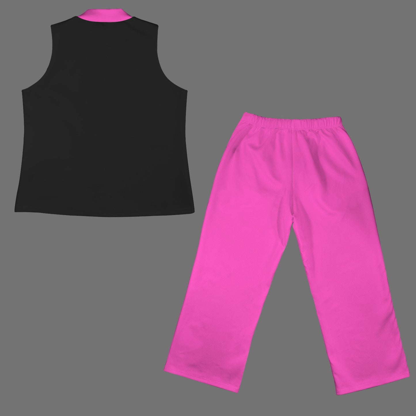 Sleeveless Mock Neck Top & Wide Leg Cropped Pants Set Black Fuchsia