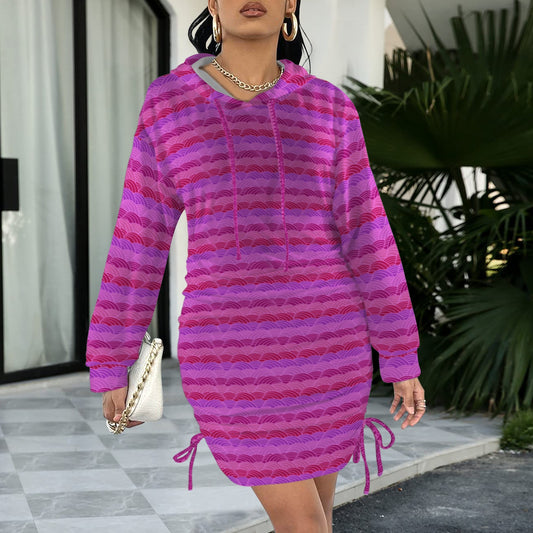 Fuchsia Scallop Print Hoodie Drawstring Sweatshirt Dress