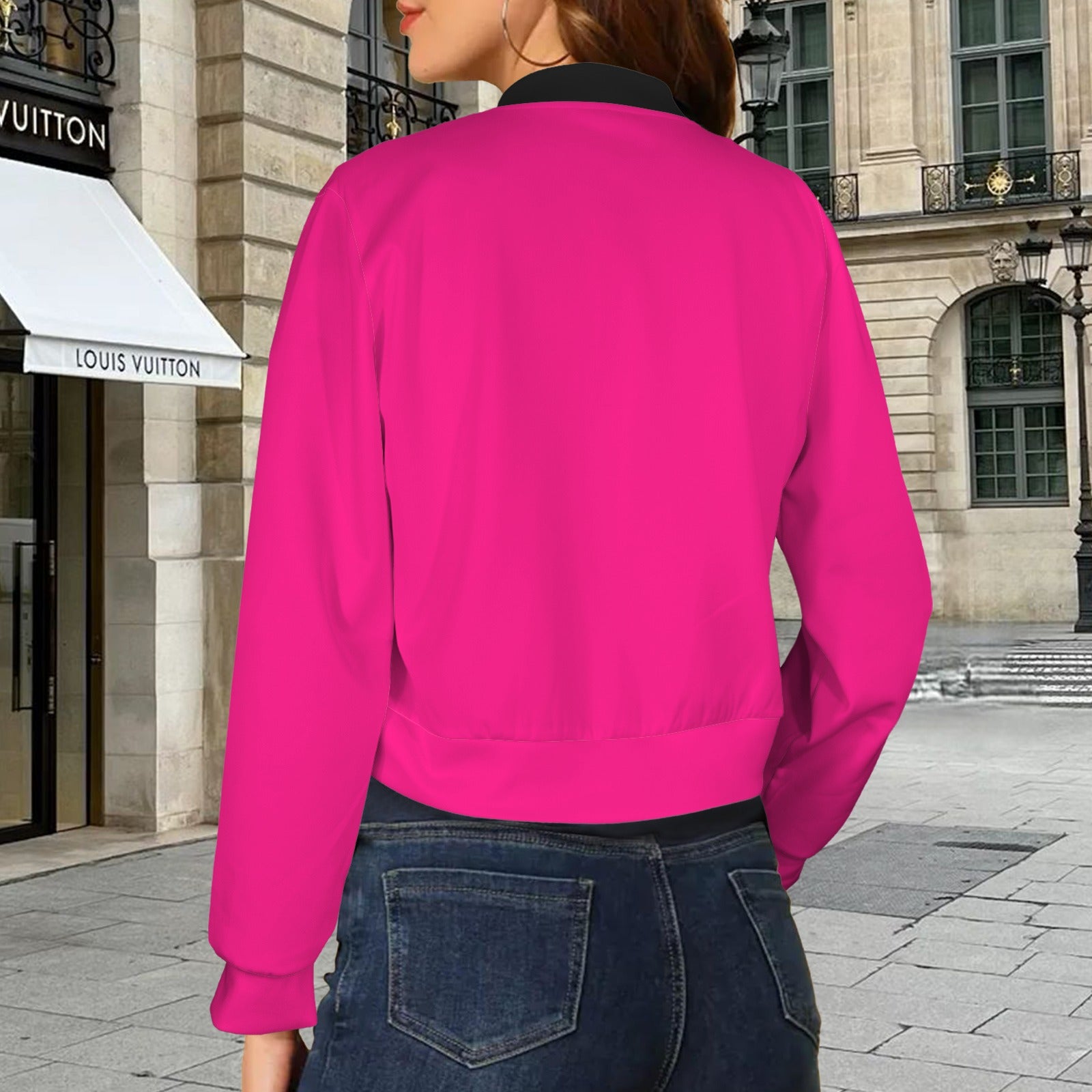 Casual Long Sleeve Zip Front Bomber Jacket Magenta Black