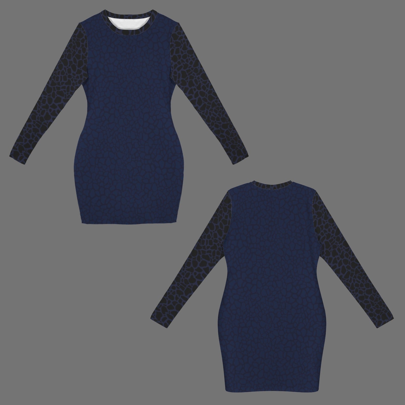 Crew Neck Long Sleeve Bodycon Dress Petal Print Blues